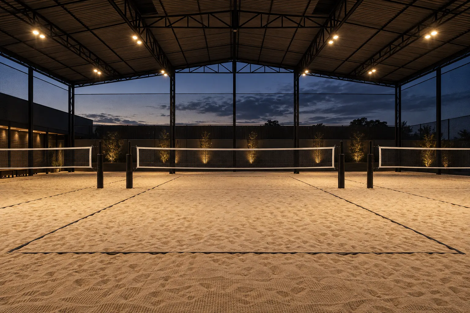 Arena coberta com três quadras de areia iluminadas ao anoitecer