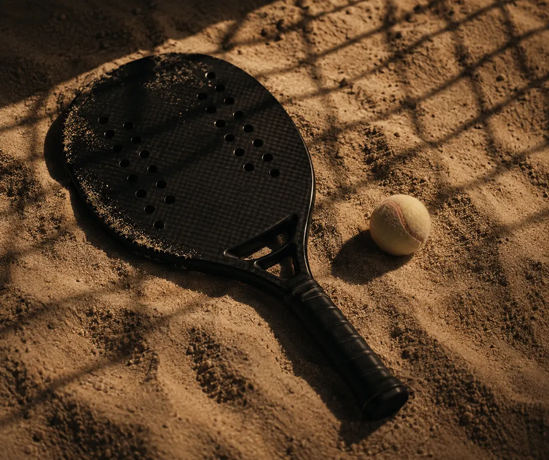 Raquete de beach tennis e bola sobre a areia, com a sombra da rede