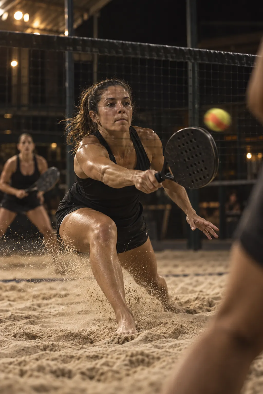 Aluna esticada para uma bola baixa junto à rede, em treino noturno